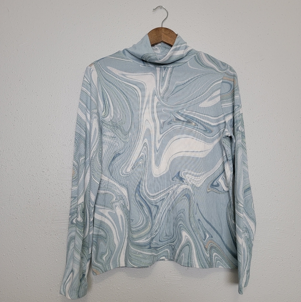 Ann Taylor Blue Marble Swirl Long Sleeve Mock Neck Blouse